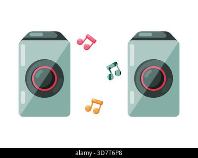A lively vector illustration of two retro style audio speakers with colorful musical notes floating between them. The bright and cheerful design is id Stock Vector