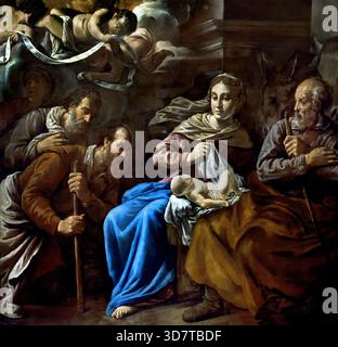 The Adoration of the Shepherds, a masterfully dramatic Spanish Mannerist oil on canvas painting created circa 1577–1579 by El Greco, depicting the Virgin Mary lifting a cloth over the glowing newborn Christ Child surrounded by Saint Joseph and kneeling shepherds. "The Adoration of the Shepherds" (Adoración de los pastores), painted between 1577 and 1579 by the legendary master El Greco (Domenikos Theotokopoulos). Prado Museum (Museo del Prado) in Madrid, Spain (historically originating from the Altarpiece of Santo Domingo el Antiguo in Toledo. Stock Photo