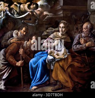 The Adoration of the Shepherds, a masterfully dramatic Spanish Mannerist oil on canvas painting created circa 1577–1579 by El Greco, depicting the Virgin Mary lifting a cloth over the glowing newborn Christ Child surrounded by Saint Joseph and kneeling shepherds. "The Adoration of the Shepherds" (Adoración de los pastores), painted between 1577 and 1579 by the legendary master El Greco (Domenikos Theotokopoulos). Prado Museum (Museo del Prado) in Madrid, Spain (historically originating from the Altarpiece of Santo Domingo el Antiguo in Toledo. Stock Photo