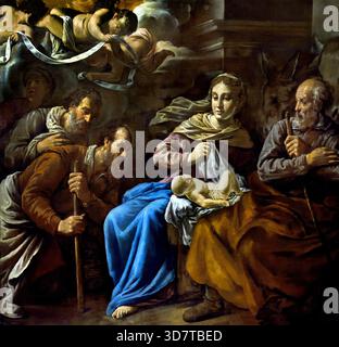The Adoration of the Shepherds, a masterfully dramatic Spanish Mannerist oil on canvas painting created circa 1577–1579 by El Greco, depicting the Virgin Mary lifting a cloth over the glowing newborn Christ Child surrounded by Saint Joseph and kneeling shepherds. "The Adoration of the Shepherds" (Adoración de los pastores), painted between 1577 and 1579 by the legendary master El Greco (Domenikos Theotokopoulos). Prado Museum (Museo del Prado) in Madrid, Spain (historically originating from the Altarpiece of Santo Domingo el Antiguo in Toledo. Stock Photo