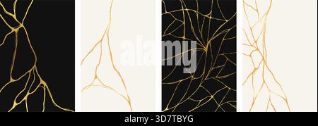 Golden kintsugi crack posters. Abstract Japanese style broken marble with gold lines. Vector background Stock Vector