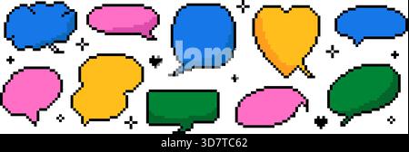 Pixel speech bubbles for game design. Set of 8-bit retro talk balloons, empty text frames and dialog clouds. Modern Y2k trendy style Stock Vector