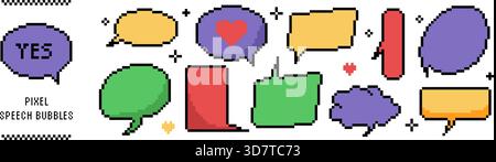 Pixel style dialogue boxes collection. Empty message balloons in different shapes. 8 bit retro game style Stock Vector