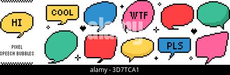 Pixel speech bubble set. 8-bit retro chat balloons and dialog boxes. Fun comic talk frames in Y2K style Stock Vector