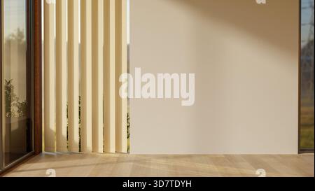 White wall empty room and wooden parquet floor with the blinds covered glass door or large wall window. House Interior, 3D rendering, 3d illustration. Stock Photo