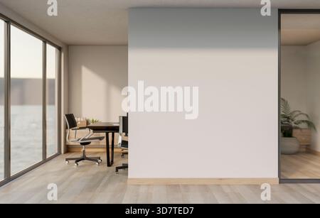 Empty white wall between working area with table and chairs and resting area in company building. Modern Office Interior, 3D Rendering, 3D Illustratio Stock Photo
