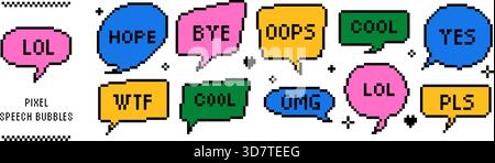 Pixel speech bubbles and dialog boxes set. 8-bit retro game style chat frames, colorful message clouds and comment balloons. Y2K style Stock Vector