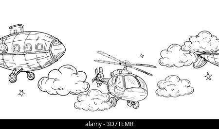 Toy airship and helicopter, black and white sketch. Vector illustration. Seamless border with a child's toy and fluffy clouds, isolated on a white bac Stock Vector