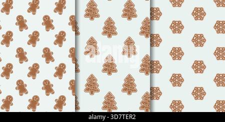 Set of three gingerbread-themed patterns on light blue diagonal gingerbread men, grid of tree-shaped cookies with icing Stock Vector