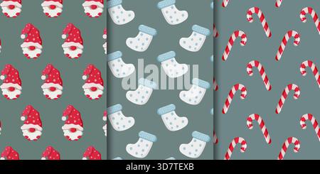 Set of three Christmas-themed wrapping paper patterns on muted green Gnome faces with snowflake hats, white stockings with blue cuffs Stock Vector