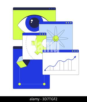 Data science in overlapping browser windows 2D illustration concept Stock Vector