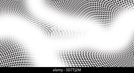 Bold, black halftone dots forming a dynamic, curved wave or mesh pattern on a solid white background, creating an abstract and energetic graphic Stock Photo
