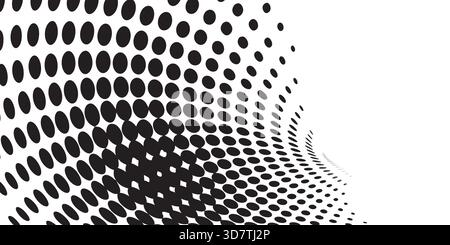 Bold, black halftone dots forming a dynamic, curved wave or mesh pattern on a solid white background, creating an abstract and energetic graphic Stock Photo