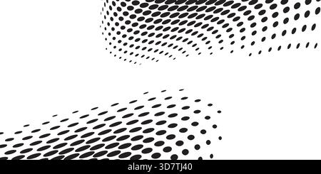 Bold, black halftone dots forming a dynamic, curved wave or mesh pattern on a solid white background, creating an abstract and energetic graphic Stock Photo