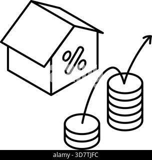 Real Estate Purchase, Simple Line Drawing Isometric Illustration of Variable Mortgage Rates and Interest Rate Increases, black and white, Vector Illus Stock Vector