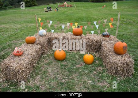 Pumpkin display on hay bales in Kent Stock Photo