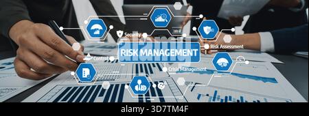 Analyst team working on BI Fintech to analyze financial dashboard paper at office workplace. Businesspeople reviewing report paper on table for busine Stock Photo