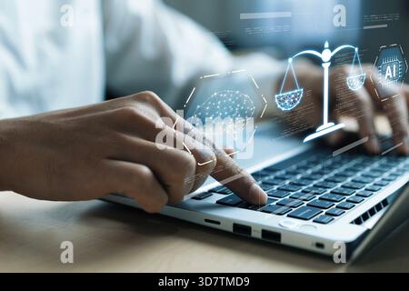 Explore the ethical landscape of artificial intelligence, focusing on the interplay between digital advancements and legal frameworks aimed at fosteri Stock Photo