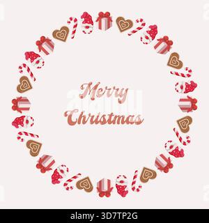 Circular wreath of candy canes, gingerbread hearts, Santa hats, and gift boxes on pink background. Merry Christmas text in center Stock Vector