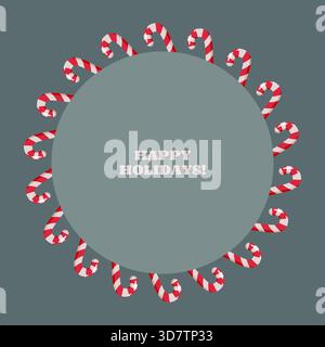 Radial arrangement of red and white candy canes forming a festive wreath around bold HAPPY HOLIDAYS text Stock Vector