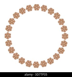 Round gingerbread cookie frame made of snowflake-shaped biscuits on a white background. Festive Christmas illustration perfect for cards, invitations Stock Vector