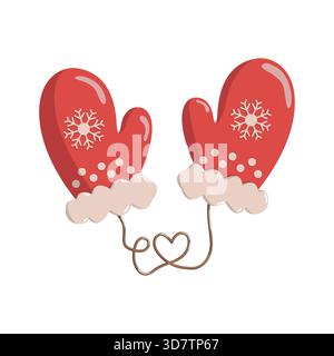 Adorable red winter mittens decorated with snowflakes and connected by a string forming a heart shape. Cozy seasonal illustration Stock Vector