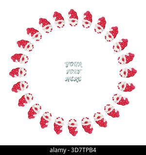 Christmas wreath made of cute Santa gnomes in red hats with editable text space in the center. Festive holiday frame for greeting cards, posters Stock Vector
