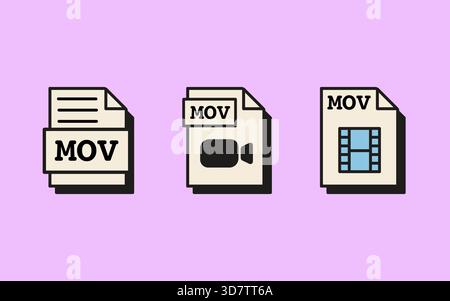 Mov video file icons with camera and film strip symbols in retro vaporwave style. Nostalgic video format icons for media editing, digital content Stock Vector