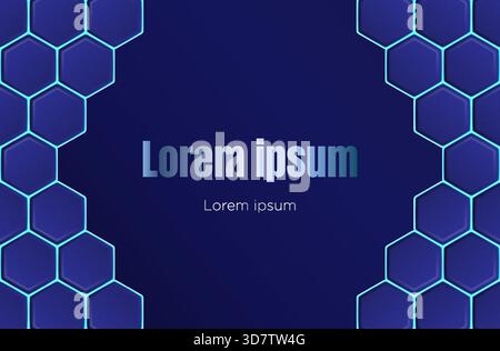 Futuristic and abstract vector background with a soft honeycomb hexagonal grid pattern on a dark blue surface, framed by bright, glowing blue neon lin Stock Vector