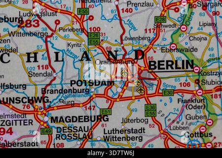 Berlin, Germany, on a road map Stock Photo