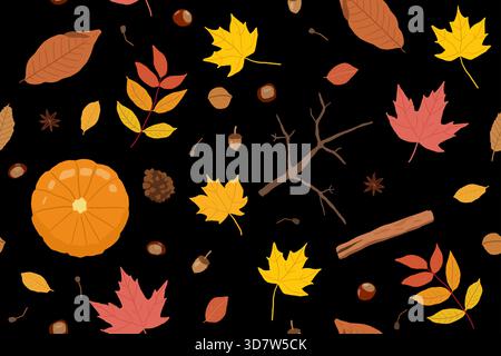 Hand-drawn warm autumn foliage background. Seamless pattern with fall leaves, cozy fall theme texture. Stock Vector