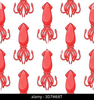 Squid seamless pattern in cartoon style. Undersea animal design for summer beach print on a white background. Stock Vector