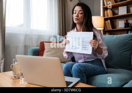 Professional online business consultant presenting project timeline marketing strategy virtual meeting guiding clients innovation freelancing opportun Stock Photo