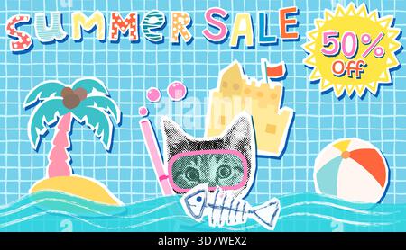 Funny summer sale banner with a cat with a snorkel, Sea and beach illustration design background with cute animal Stock Vector