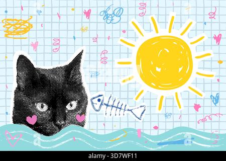 Funny summer vector cat face and fish bone halftone collage, fun animal with ocean waves and sun background design Stock Vector
