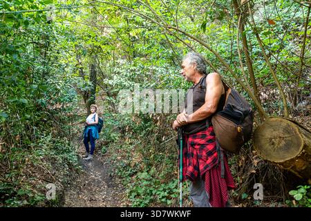 Senior couple hiking through a dense green forest trail Stock Photo