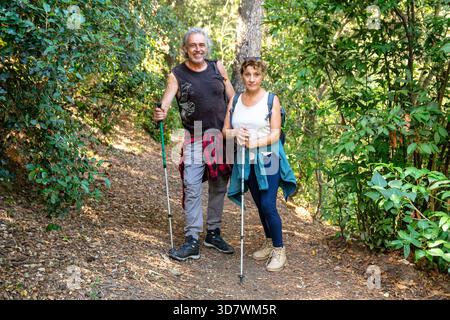 Senior couple hiking forest trail using trekking poles Stock Photo