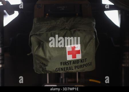 Mihail Kogalniceanu, Romania - November 25, 2025: Military first aid kit inside a Sikorsky UH-60 Black Hawk military helicopter. Stock Photo