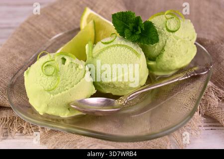 Scoop of lime-vanilla ice cream decorated with mint isolated on white background Stock Photo