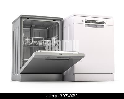 Dishwasher open and closed isolated on white background. 3d illustration Stock Photo