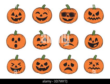 Jack O Lantern doodle faces compilation set.  Vector doodle illustration set for web, t-shirt design, other graphic design use Stock Vector
