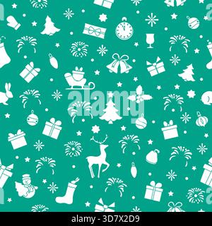 Christmas pattern with festive symbols like tree, gifts, and ornaments on green background vector Stock Vector