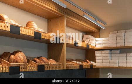 Modern bakery display with artisanal bread loaves sit in wicker baskets on wooden shelves to the left. To the right - stacks of white takeout boxes. Stock Photo
