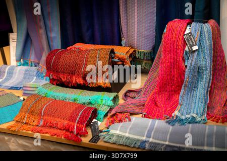 UK, England, Oxfordshire, Woodstock, Park Street, Oxfordshire Museum, Christmas Crafts Guild exhibition, Mary Lowrie’s handwoven silk textiles Stock Photo