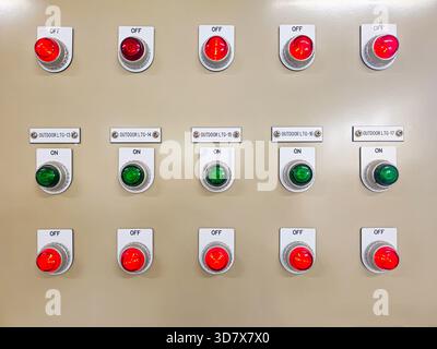 A row of buttons with the word OFF on them. There are also buttons with the word ON Stock Photo