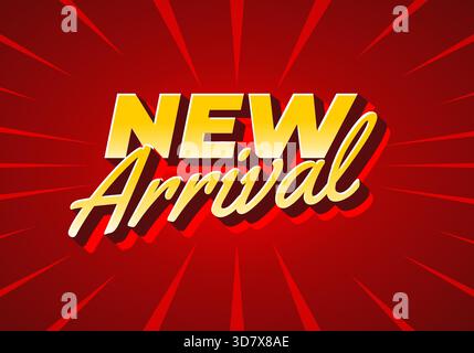 A vibrant graphic featuring the text New Arrival in bold, stylized font. The background is a bright red with radiating lines, creating a dynamic and e Stock Vector