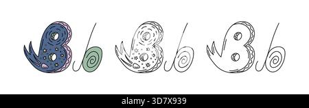 Decorative hand drawn letter B in celestial style with stars, planets and cosmic elements. Includes color and outline variations. Stock Vector