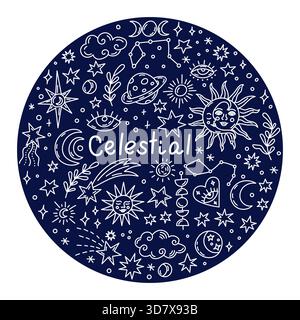 Round celestial doodle composition with stars, moon, sun, constellations and cosmic elements. Mystical white line art on dark blue. Stock Vector