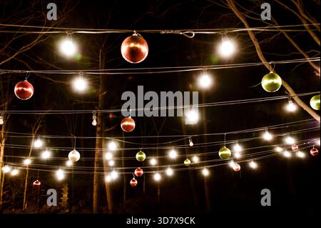 Christmas lights hanging from the trees. There are many different colored lights Stock Photo
