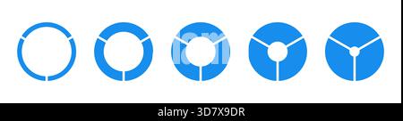 Wheels round divided in three equal sections. Set of diagrams infographic icon. Circle section graph patterns. Pie chart blue mockups. Donut charts Stock Vector